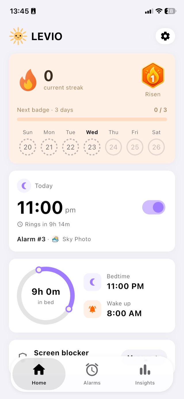 Levio : accueil avec streak et prochaine alarme